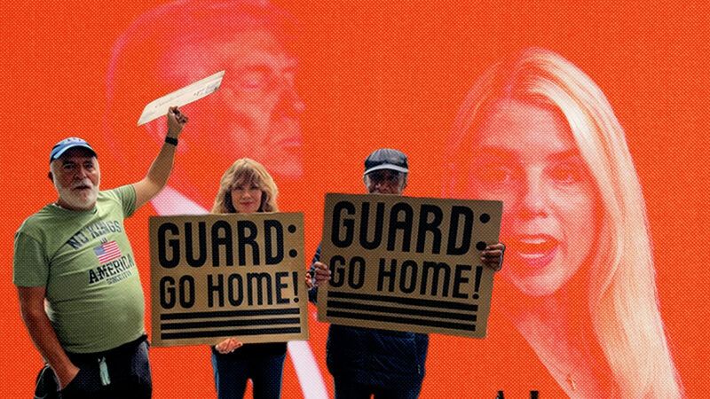 Protestors demonstrating against National Guard troops | Illustration: Eddie Marshall | Will Oliver | Pool via CNP |MEGA | Newscom | RSSIL | Newscom