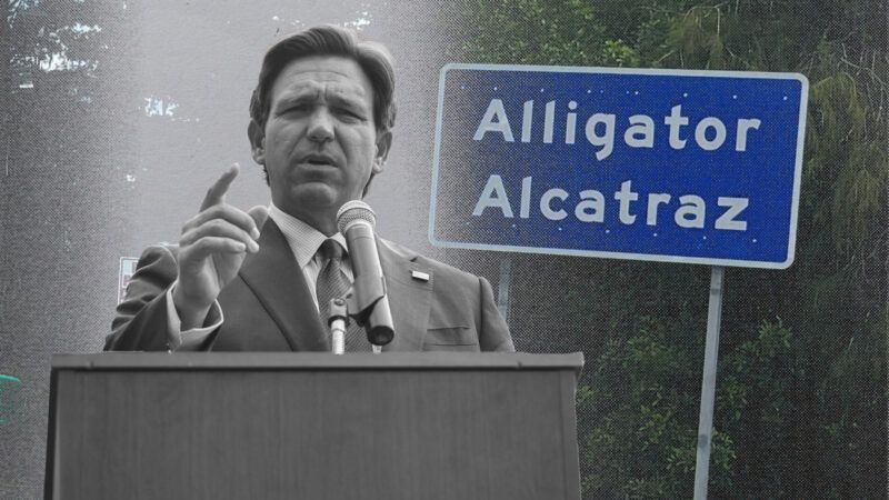 An illustration of Ron DeSantis standing next to an Alligator Alcatraz sign | Illustration: Eddie Marshall | Douglas R. Clifford | ZUMA Press| Newscom