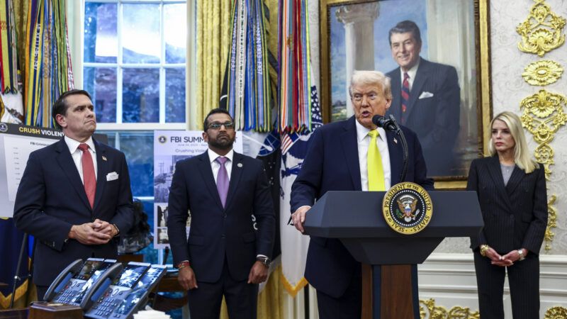President Donald Trump with Deputy Attorney General Todd Blanche, FBI Director Kash Patel, and Attorney General Pam Bondi at an Oval Office press conference | CNP/AdMedia/Sipa/Newscom