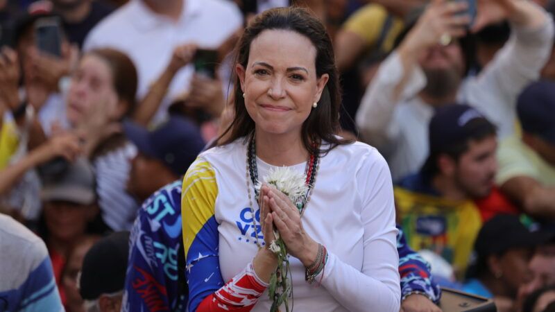 Venezuelan opposition leader Maria Corina Machado is leading a demonstration against the re-inauguration of authoritarian President Maduro. | Jesus Vargas/dpa/picture-alliance/Newscom