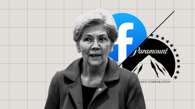 Sen. Elizabeth Warren (D–Mass.) alongside a 50/50 split of the logos of Facebook and Paramount. | Illustration: Eddie Marshall | BONNIE CASH | UPI |Newscom