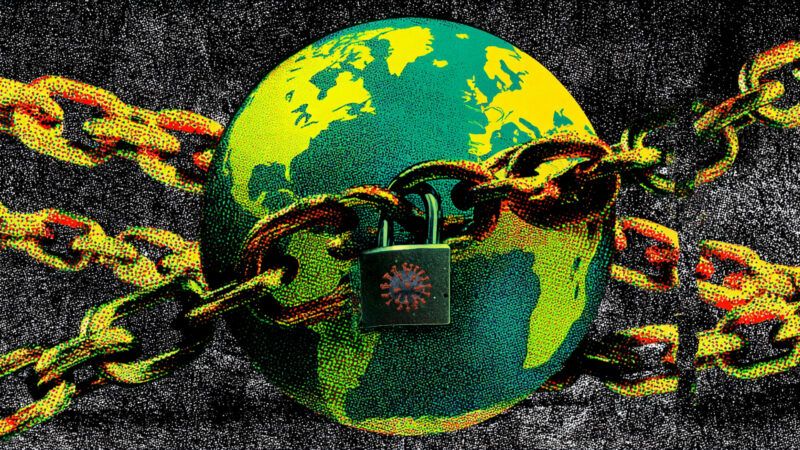 The globe, bound in chains, with a lock that bears the COVID-19 molecule. On one side, the chains are breaking. | Illustration: Eddie Marshall | Midjourney