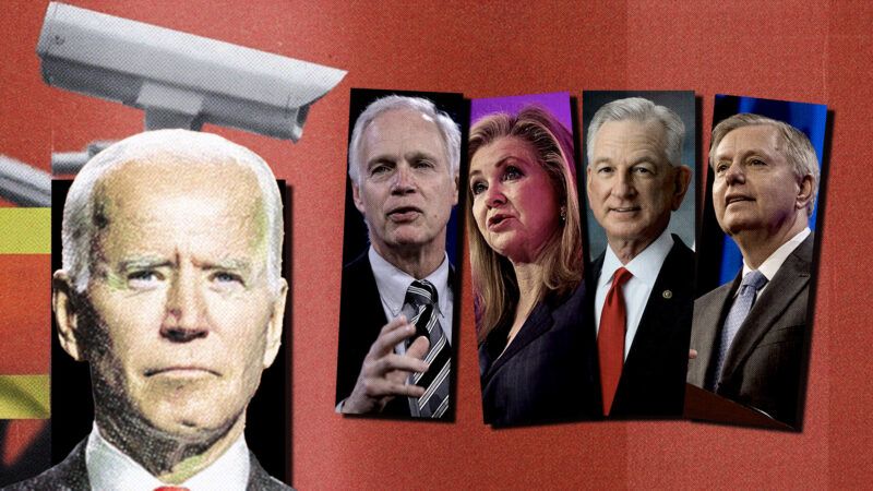 President Joe Biden, alongside a surveillance camera pointed at Republican Sens. Ron Johnson, Marsha Blackburn, Tommy Tuberville, and Lindsey Graham. | Illustration: Eddie Marshall | Gage Skidmore | John Pemble | Wikimedia Commons | Midjourney