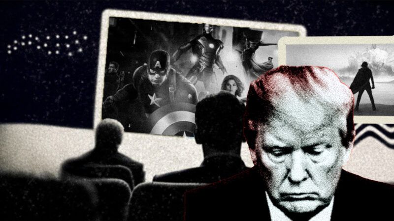 A black and white image of people sitting in a movie theater looking at a screen with Donald Trump in the foreground | Illustration: Eddie Marshall | Vadimrysev | Usataro | Dreamstime.com | Midjourney