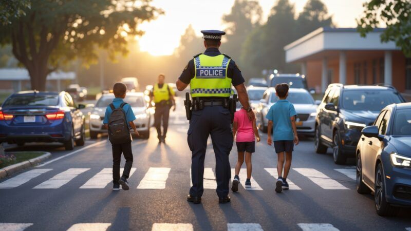A police officer in a neon vest acts as a crossing guard, helping school children cross the street safely. A police officer in a neon vest acts as a crossing guard, helping school children cross the street safely. | Juliu Ragnar | Dreamstime.com