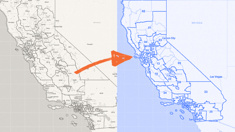 Maps showing the potential redistricting of California | Illustration : Adani Samat