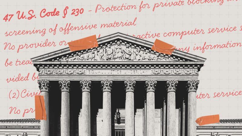 The U.S. Supreme Court building, with the text of Section 230 of the Communications Decency Act in the background. | Illustration : Adani Samat