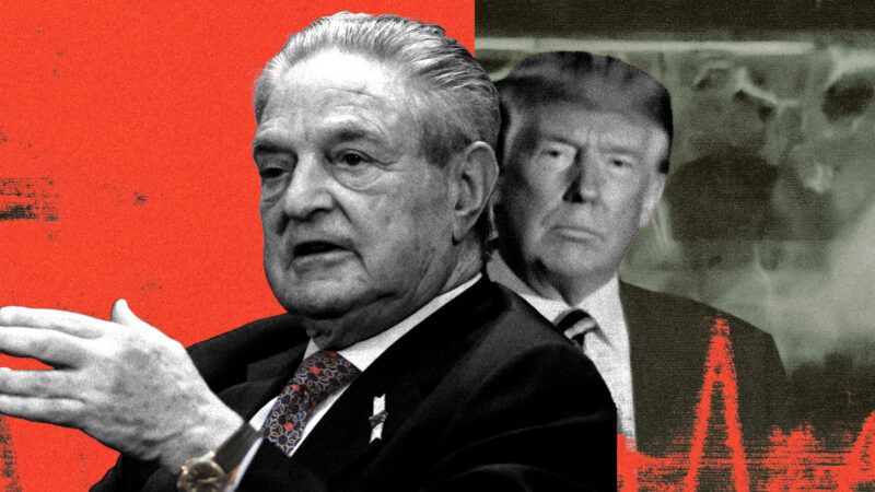 A black and white photo of billionaire financier George Soros against a red background on the left and President Donald Trump against a black background on the right. | Illustration: Eddie Marshall | EyePress News | EYEPRESS | Newscom | Midjourney