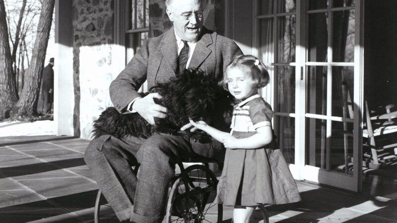 Franklin Roosevelt sitting in a wheelchair with a dog on his lap and a young girl at his side Franklin Roosevelt sitting in a wheelchair with a dog on his lap and a young girl at his side | Photo: President Franklin Roosevelt, 1941; CBW/Alamy
