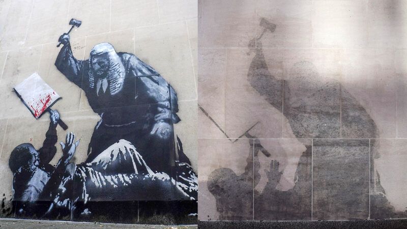 Side by side photos showing a Banksy mural before and after it was scrubbed off Side by side photos showing a Banksy mural before and after it was scrubbed off | Photo: Vuk Valcic/Alamy