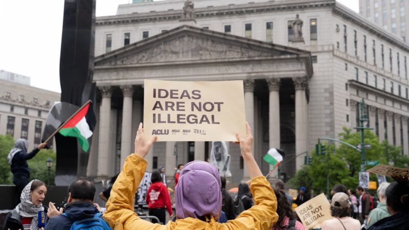 A protester holds a placard reading ''Ideas Are Not Illegal'' in support of Tufts University student Rumeysa Ozturk and Columbia University student activist Mohsen Mahdawi outside of the United States Court of Appeals for the Second Circuit in New York City on May 6, 2025. | Derek French/ZUMAPRESS/Newscom