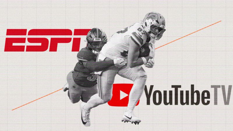 Over a white background, a football player in a dark uniform wraps his arms around a player in a white uniform. The players are in black and white, and the ESPN logo is in the top left corner of the image with the YouTube TV logo in the bottom right. | Illustration: Eddie Marshall | Randy Litzinger | Icon Sportswire 966 | Randy Litzinger | Icon Tomert | Dreamstime.com