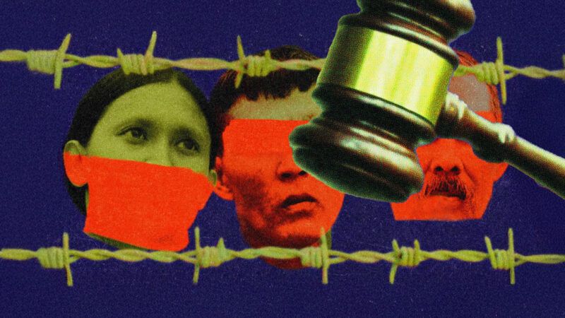 Censored faces shown in yellow and red against a blue background with yellow barbed wire and a gavel in the foreground | Illustration: Eddie Marshall | Midjourney