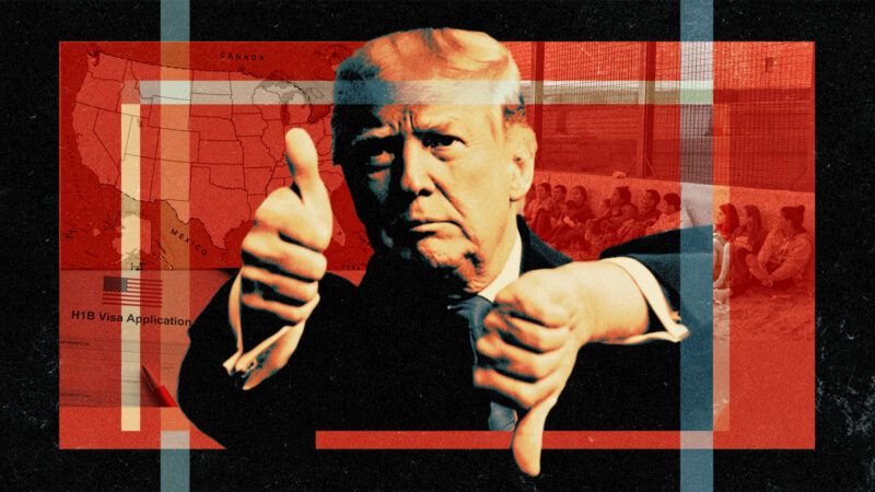 Illustration of President Donald Trump giving a thumbs-up to an H-1B application and the thumbs-down to immigrants at the Mexican-American border | Illustration: Eddie Marshall | Defense Visual Information Distribution Service | Midjourney
