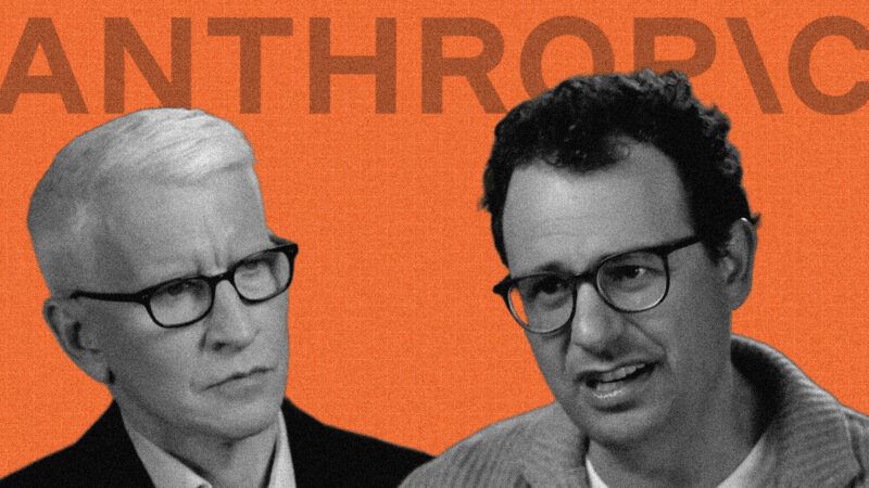 Illustration of Anderson Cooper and Dario Amodei | Illustration: Eddie Marshall | Youtube