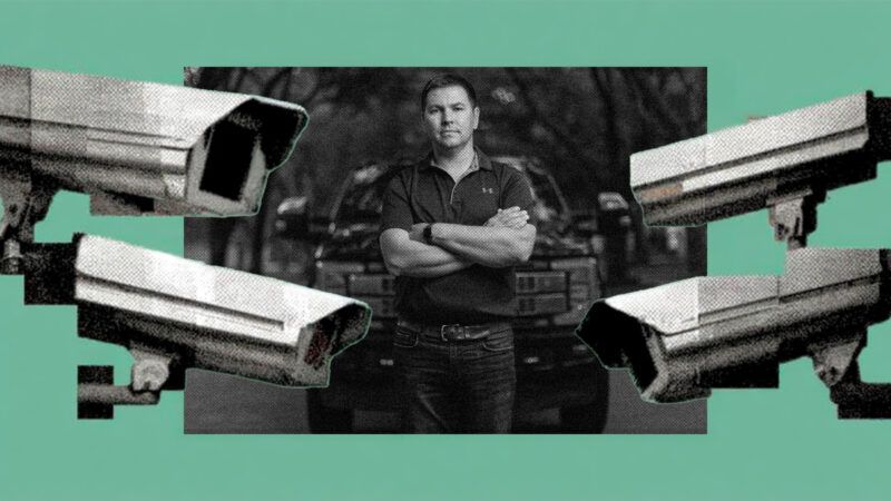 A man,, surrounded by surveillance cameras | Illustration: Eddie Marshall | Institute for Justice | Midjourney