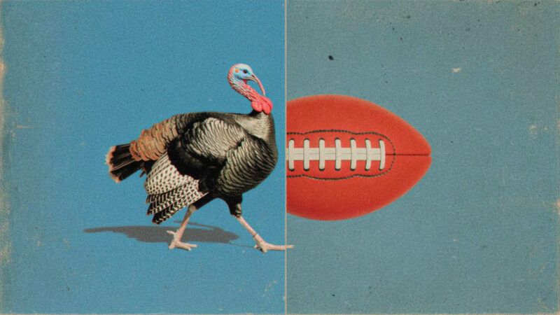 A side image of a turkey next to a football, viewed from above, with both in front of a blue background. | Illustration: Eddie Marshall | Midjourney