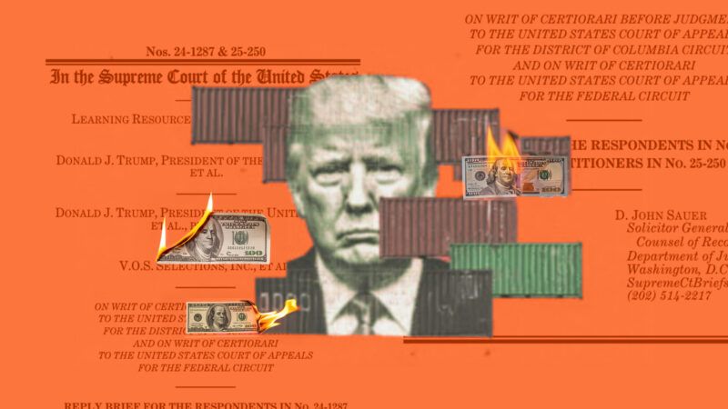 Illustration of Donald Trump, burning bills, shipping containers, and legal briefs | Illustration: Eddie Marshall | Midjourney