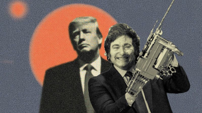 Javier Milei holding a chainsaw, with Donald Trump in the background | Illustration: Eddie Marshall | Joshua Sukoff | Medill News Service | Newscom | Midjourney