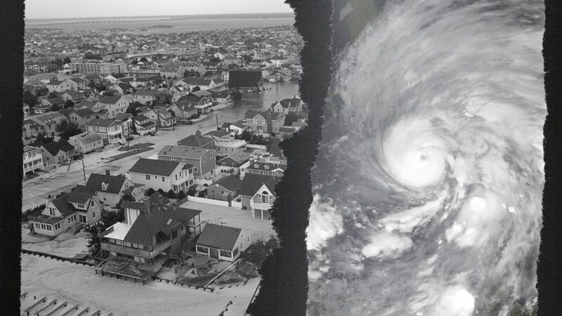 Black and white images side by side, the left of an aerial view of a flooded town and the right of the eye of a hurricane | Illustration: Eddie Marshall | DVIDSHUB | NASA