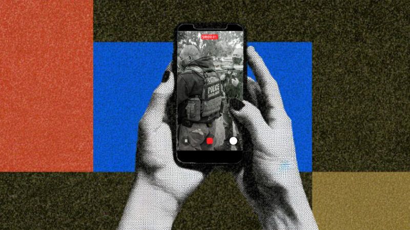 illustration of hand holding cell phone showing ICE officers | Eddie Marshall | U.S. Immigration and Customs Enforcement | Midjourney