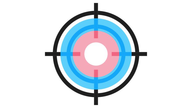 Gun sight crosshairs with pink and blue shading in the style of the transgender pride flag | Illustration: Joanna Andreasson; Source images: iStock