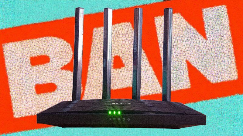 A TP-Link wireless router, with the word "BAN" behind it. | Illustration: Eddie Marshall | Paowee | Midjourney