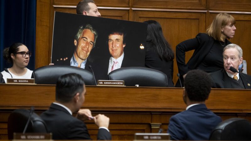 Rep. Jared Moskowitz (D–Fla.) holds a photo board of Jeffrey Epstein and Donald Trump, during a House Oversight Committee meeting in Washington, DC. January 10, 2024. | Rod Lamkey/ZUMAPRESS/Newscom