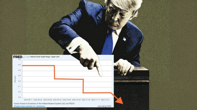 Illustration of President Donald Trump pushing down the upper limit of the federal funds rate | Illustration: Eddie Marshall | Midjourney