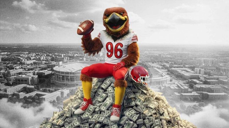 University of Utah mascot Swoop holding a football and sitting on top of a pile of cash, in front of a black and white background overlooking Rice–Eccles Stadium and the surrounding area. | Illustration: Eddie Marshall | Nano Banana