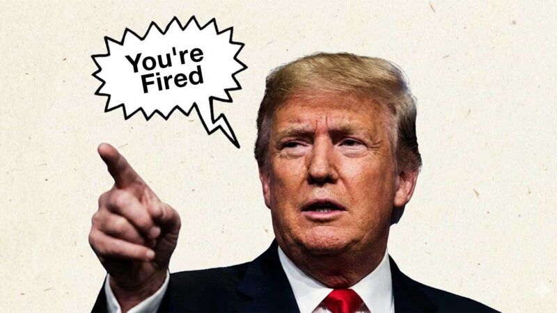 A tan background with an image of Donald Trump pointing. A text bubble reads, "You're Fired." | Illustration: Eddie Marshall | Nano Banana