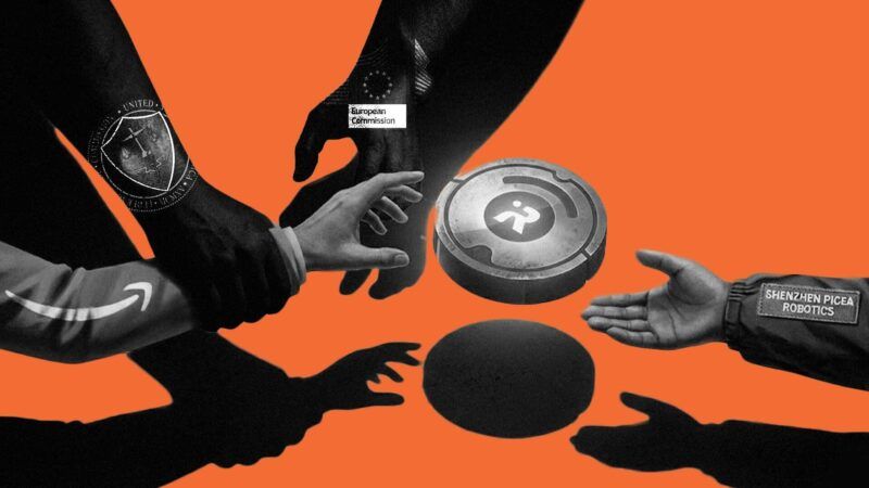 Illustration of a Roomba being grabbed by Shenzhen Picea Robotics as FTC and European Commission stifle Amazon's attempt to grab the Roomba | Illustration: Eddie Marshall | Nano Banana