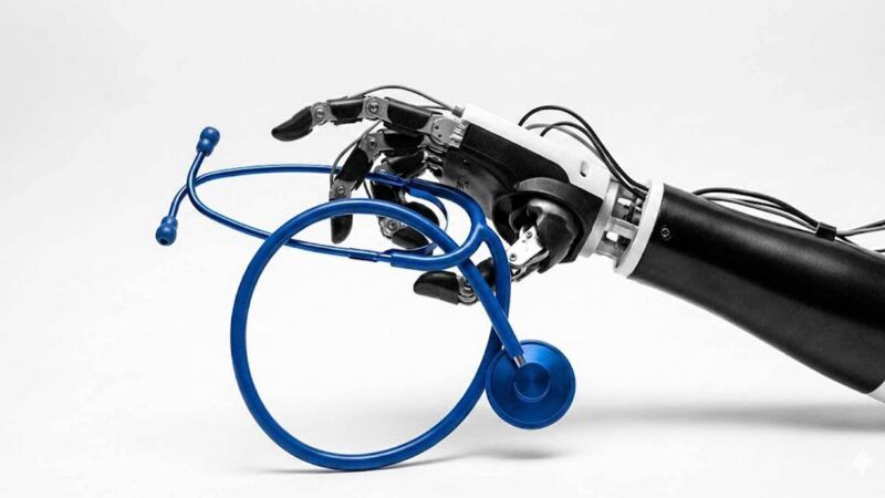 An illustration of a robotic hand holding a stethoscope | Illustration: Eddie Marshall | Nano Banana