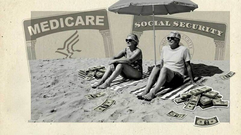Two Baby Boomers on a beach, with Medicare and Social Security cards behind them | Illustration: Eddie Marshall | Nano Banana