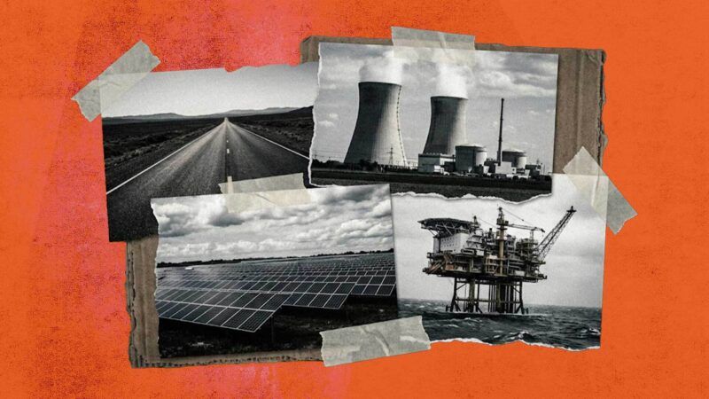Pictures of a road, an offshore oil rig, a nuclear power plant, and a solar farm | Illustration: Eddie Marshall | Nano Banana