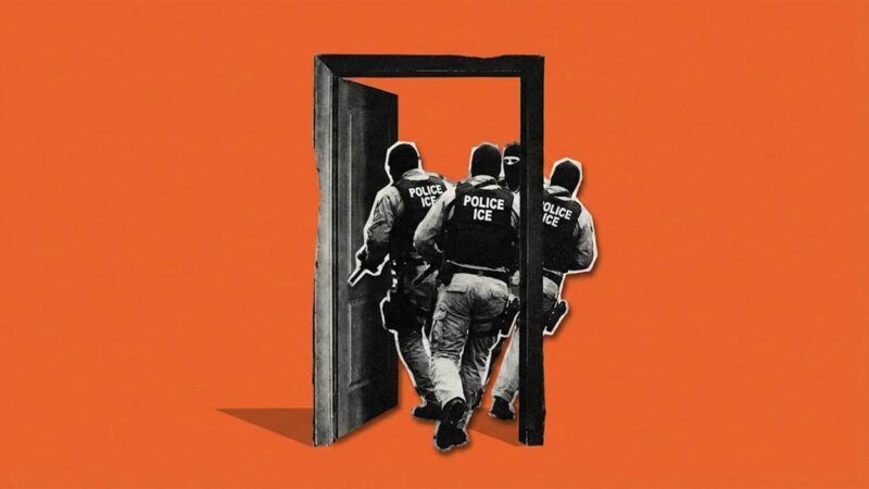 Federal agents storming through a door. | Illustration: Eddie Marshall | Nano Banana