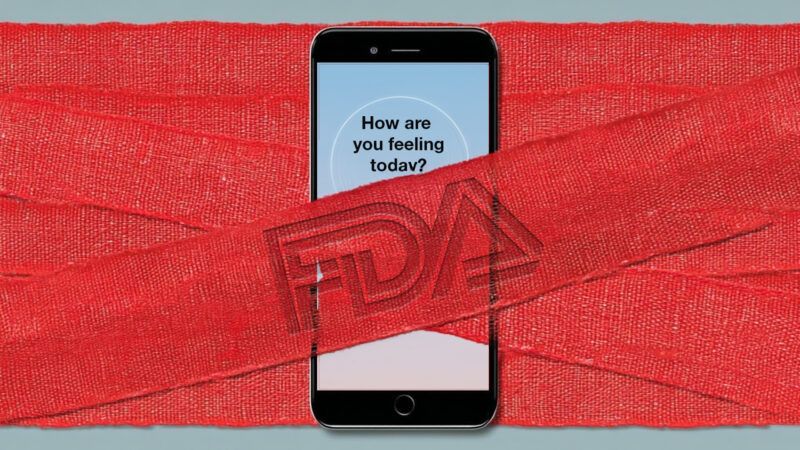 A smartphone with an AI mental health chatbot covered in red tape with the FDA logo | Illustration: Eddie Marshall | Midjourney