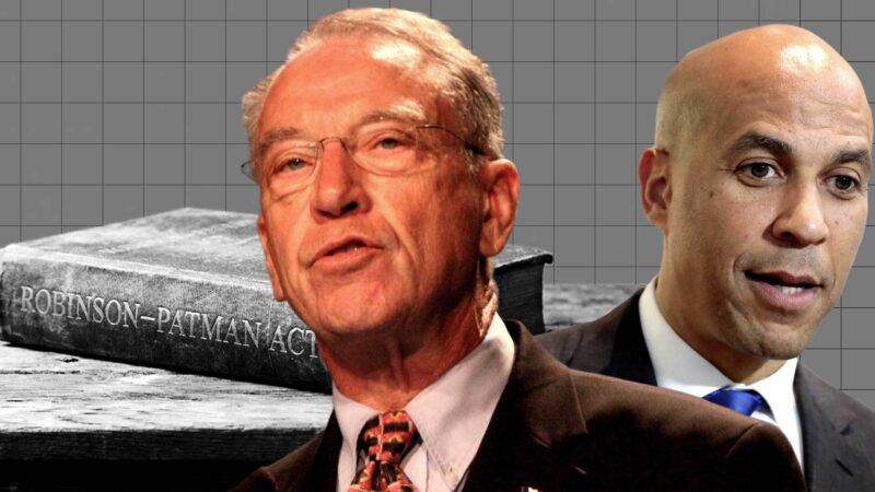 Illustration of Sen. Chuck Grassley (R–Iowa) and Sen. Cory Booker (D–N.J.) in front of the Robinson-Patman Act | Illustration: Eddie Marshall | Nano Banana | Gage Skidmore