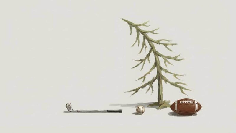 A tall but scrawny Christmas tree bending to the left, with a golf club, baseball, and football laying beneath it. | Illustration: Eddie Marshall | Nano Banana