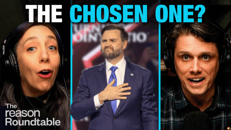Katherine Mangu-Ward appears on the left, while Eric Boehm appears on the right. In a box centered between them is JD Vance with his hand over his chest. Large thumbnail text above them reads “THE CHOSEN ONE?” | Illustration: Eddie Marshall