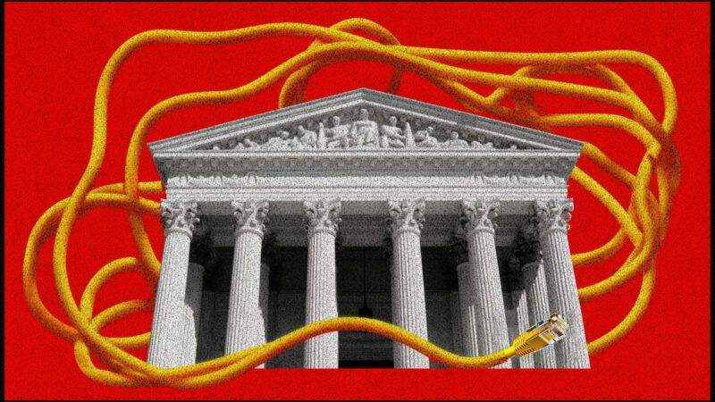 A red background with the United States Supreme Court building shown with a yellow ethernet cable wrapped around it | Illustration: Eddie Marshall | Midjourney