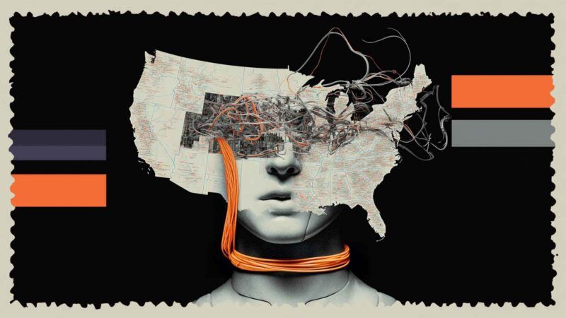 Illustration of a humanoid robot being strangled by wires coming out of the continental U.S. | Illustration: Eddie Marshall | Midjourney