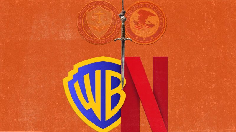 Illustration of the Warner Bros Discovery and Netflix logos with a sword hanging between them and the Justice Department and Federal Trade Commission logos behind | Illustration: Eddie Marshall | Midjourney