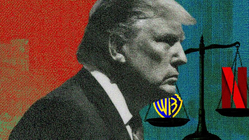 Illustration of President Donald Trump in front of Warner Bros. and Netflix logos | Illustration: Eddie Marshall | Midjourney