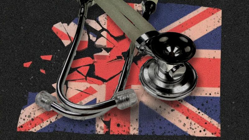Against a black background, an image of the British flag crumbling, with a stethoscope on top of it. | Illustration: Eddie Marshall | Chad Mcdermott | Dreamstime.com | Midjourney
