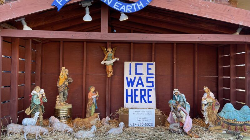 Nativity scene with an "ICE was here" sign at St. Susanna Parish | "ICE was here" Nativity Scene (Rev. St. Josoma)