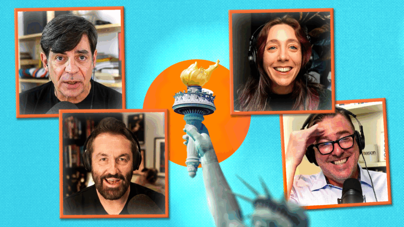 A blue background with an orange circle in the middle, a cropped image of the Statue of Liberty, and four squares containing pictures of different Reason magazine editors | Adani Samat