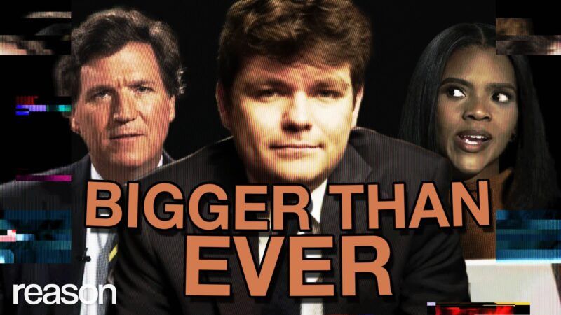 Tucker Carlson, Nick Fuentes, and Candace Owens with the caption "Bigger Than Ever" | Illustration: Lex Villena