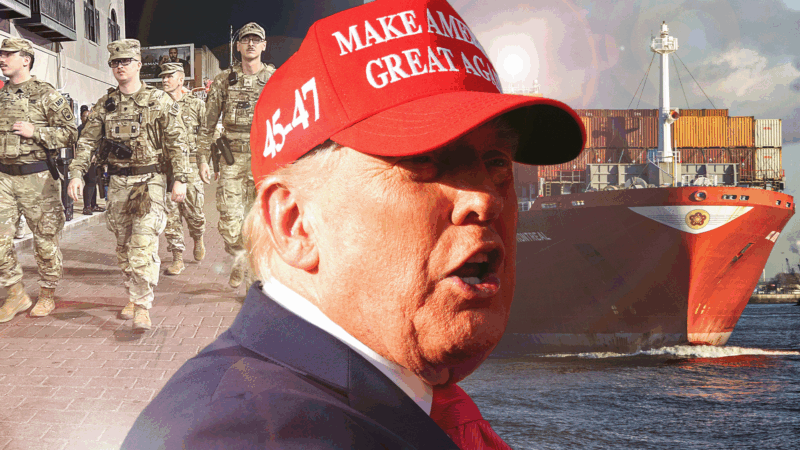 President Donald Trump wearing a MAGA hat, flanked by photos of National Guard members and a ship carrying imports | Illustration: Adani Samat | Photos: imageBROKER/Christopher Tamcke/Karen Focht/Zuma Press/CNP/AdMedia/Sipa/Newscom