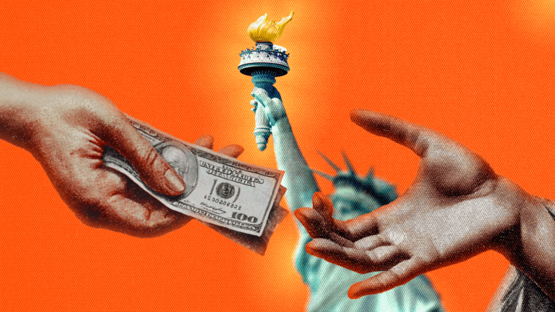 A person donating money, with the Statue of Liberty in the background | Adani Samat